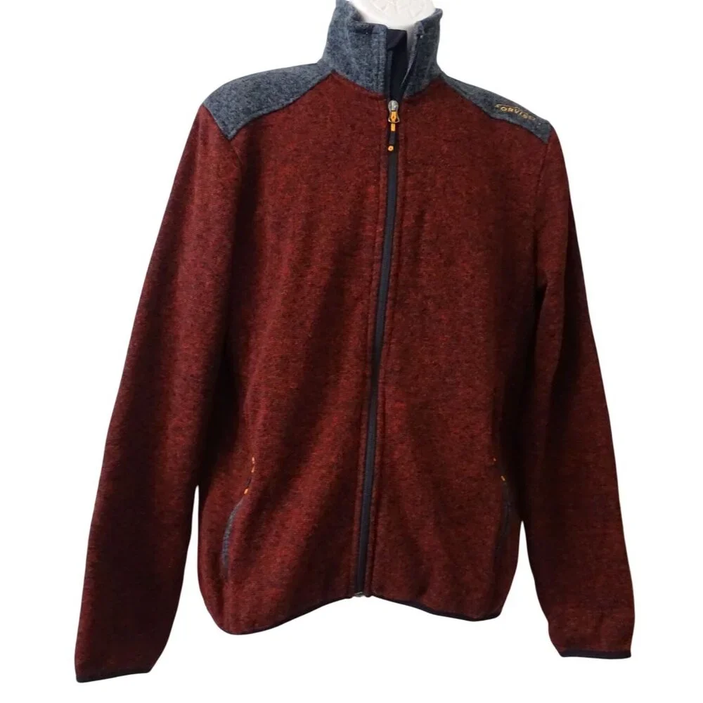 Orvis Men Red Gray Full Zip Knit Jacket Size M Elbow Patches High Collar Outdoor